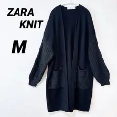 ZARA KNIT 【M】ケーブルニット切替 ロングカーディガン ブラック