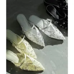 ランダ　スパンコールフラットミュールパンプス （YELLOW）　LLサイズ