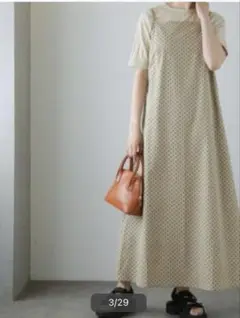 未使用ナノユニバース　ベージュ ドット柄 キャミソールロングワンピース