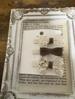 リボンヘアクリップ 3個セット アイボリー ブラウン