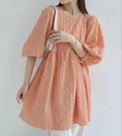チュニック　ペプラム　ブラウス　チェック　夏　オレンジ　コーラル　プラスサイズ