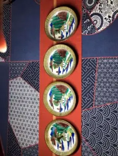 吉田屋窯　青九谷　古九谷　九谷焼　青手　豆皿　鑑賞陶器　蔵出し　角福　4客