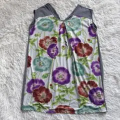 【美品】ふりふ　日本製　和風花柄　バックギャザー　切り替えドッキングワンピースMのサムネイル