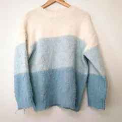【美品】センスオブプレイスモヘア風ボーダーニット青白Fゆる可愛い冬