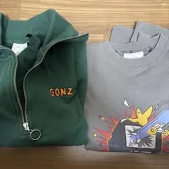 GONZ刺繍 緑色ジップアップとグレーのスウェット