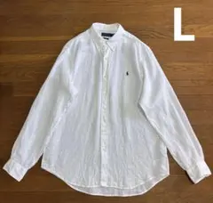 ポロラルフローレン ワンポイント リネンシャツ L 白 紺 無地 刺繍 ポニー