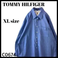 90s 香港製 オールド トミーヒルフィガー ヘリンボーン 長袖シャツ 青 XL