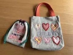 ハンドメイド　手提げ袋　巾着袋　バッグ　アップリケ　サブバッグ