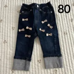 プティマイン　リボン　ロールアップデニム　裏起毛　80