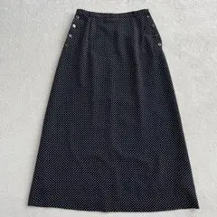 日本製 ロングスカート ドット柄 ネイビー サイドボタン Aライン レトロ 総柄