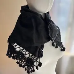 黒いコットンショール レース編み付き