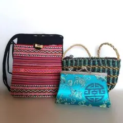 ​【新品】アジアン雑貨3点セット ベトナム刺繍ポシェット/がま口/編み込みバッグ