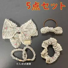 新品高品質　可愛い花柄レース　リボン　バレッタ　ヘアゴムヘアシュシュ　5点セット