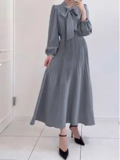 GRL グレイル ボウタイプリーツロングフレアワンピース ブルー tw1043