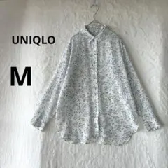 美品 UNIQLO M ホワイト シフォン プリント 花柄 ブラウス　長袖のサムネイル