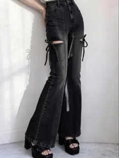 デニム　フレア　パンツ　黒　ブラック　スリット　リボン　M サイズ
