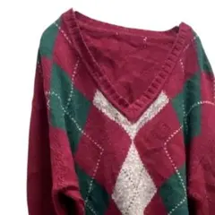 アーガイル柄 Vネックニット セーター ワインレッド グリーン レトロ 古着