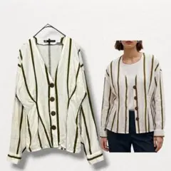 ザラ ZARA【XS】ストライプ柄リネンジャケット ノーカラー 長袖のサムネイル