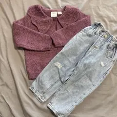 ZARA パープル 襟付きニットカーディガン＆ダメージデニム