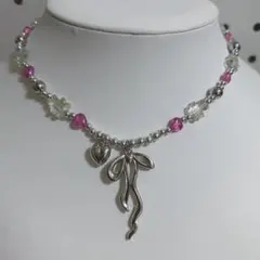 ハンドメイド　ビーズ　ネックレス　リボン　ハート　くま　バレエコア　平成女児