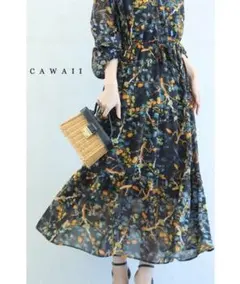 Cawaiiアーティスティックに描く花のティアードロングワンピース　S〜3L対応