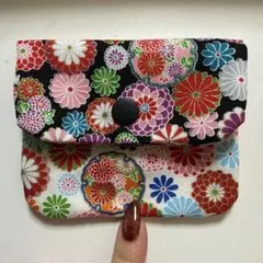 ポーチ　和柄　花柄　レトロ　ブラック　ホワイト　着物　浴衣　小物　ハンドメイド
