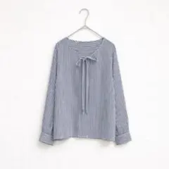 【未使用】コムサ／リボン付ブラウス／ストライプ／9 Mサイズ