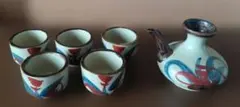 琉球民藝 胡差窯 落款 龍頭陶酒壺/酒杯/酒器組 共六