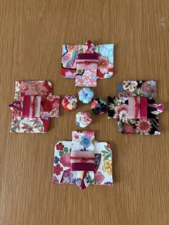 ちりめん細工　和風花柄布製小物セット 4点　可愛い着物　雛飾り　壁飾り　手作り