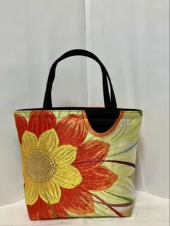 帯リメイク　バッグ　大輪の黄とオレンジの花