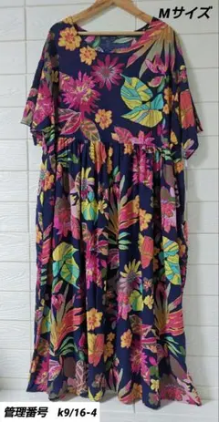 ネイビー 花柄 ロングワンピース 半袖　綿100%　リゾート　旅行　軽い　花柄