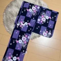 MK-1578 小紋 洗える着物 縮緬 市松模様 桜の花 紫色 トールサイズ