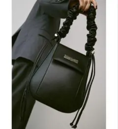 ギャザーハンドルフェイクレザーレザーフラップバッグ/2WAYショルダーバッグ