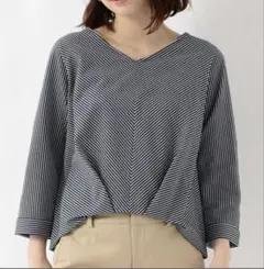 green label relaxingサッカーストライプVネック カットソー