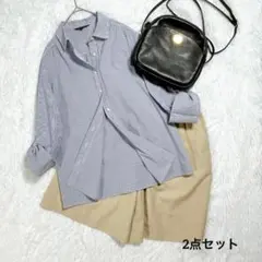 2点セット ストライプシャツ ハーフパンツ コーデ売り 夏服 オフィスきれいめ