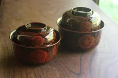 極小傷あり！時代爪朱黒漆に風情ある木芙蓉文の美しい吉野塗の四つ椀