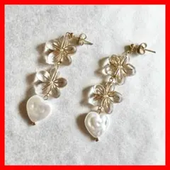 【最終値下げ】ダブルフラワー×ハートパールピアス/クリア 大ぶり 花びら