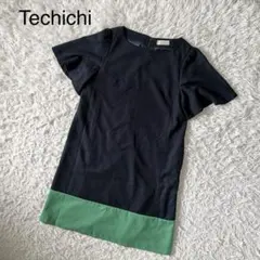 【テチチ】バイカラースリーブワンピース 黒 グリーン　M チュニック　Aライン