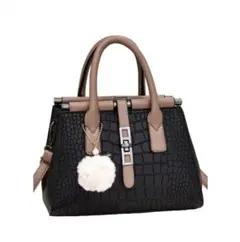 ハンドバッグ　クロコ型押し　バッグ　ブラック　レディース　チャーム付き