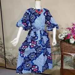 C924.着物リメイク、有松絞り、花柄バルーンスリーブマキシドレス