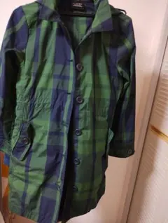 緑×紺ブロックチェックレインコート