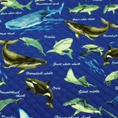 キルティング生地　海の生き物 魚 海 サメ クジラ 濃い青色 Ｑ－352　50㎝