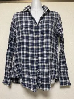 UNIQLO長袖 リネンチェックシャツ ネイビー×ホワイト