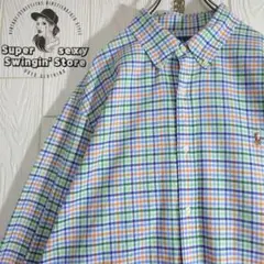 人気 ラルフローレン 長袖シャツ 2XL ブルー チェック ボタンダウン 古着