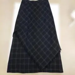 ネイビー グレー チェック フリンジ ロングスカート