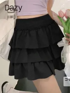 新品　SHEIN 女性用カジュアル プリーツ入り韓国風ミニスカート　Ｌ　黒フリル