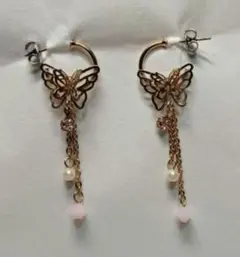 フープピアス 蝶 立体 ピンク ゴールド