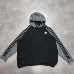 adidas パーカー 2XL 黒 グレー 切替 三本ライン ワンポイント