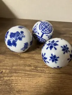 陶器製　浮き玉　浮き球（青花、芙蓉柄、中華柄）3個セット【色】青白系