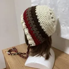 ハンドメイド＊アイボリー×茶色×バーガンディのバラクラバ・ボンネット・ニット帽